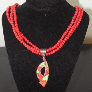 Jay King DTR coral green necklace coral turquoise inlay pendant 925 Sterling Sil
